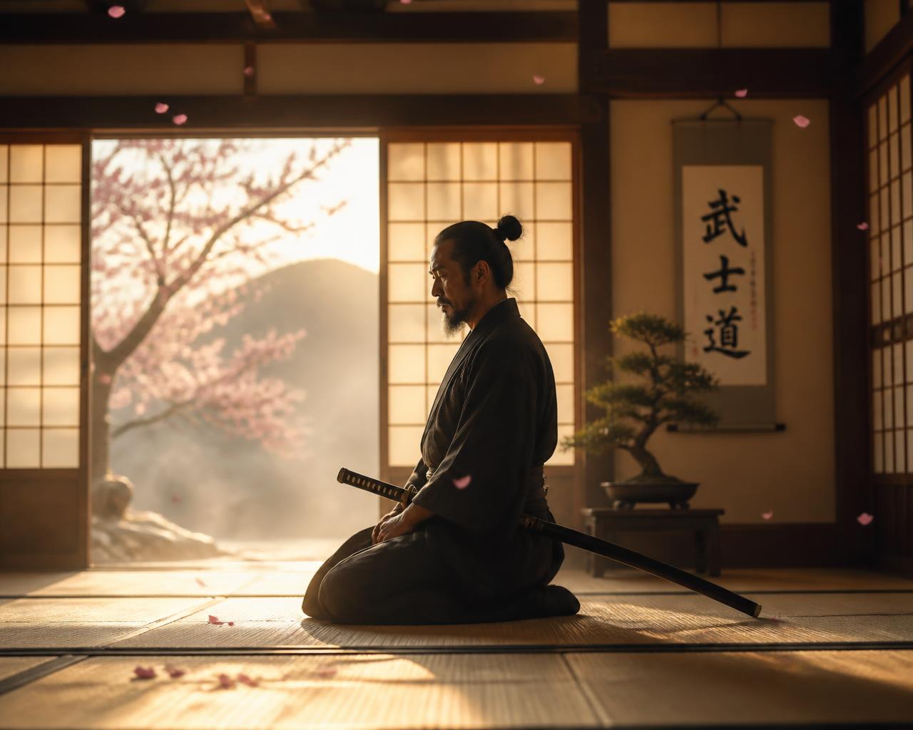 A Japanese swordsman kneeling in seiza at dawn in a tatami dojo, sheathed katana at his side, cherry blossoms drifting past shoji screens